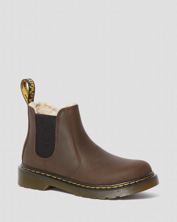 Dr Martens Dětské Chelsea Boty Junior Fur-lined 2976 Leonore Tmavě Hnědé, CZ-249537